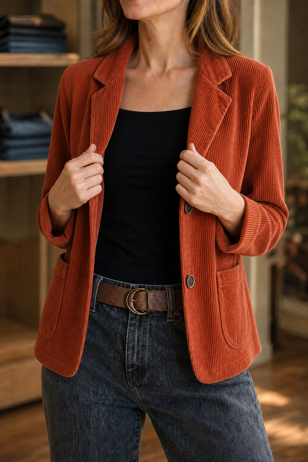 Fine Corduroy-Look Structured-Shoulder Jacket - Susan & Anne