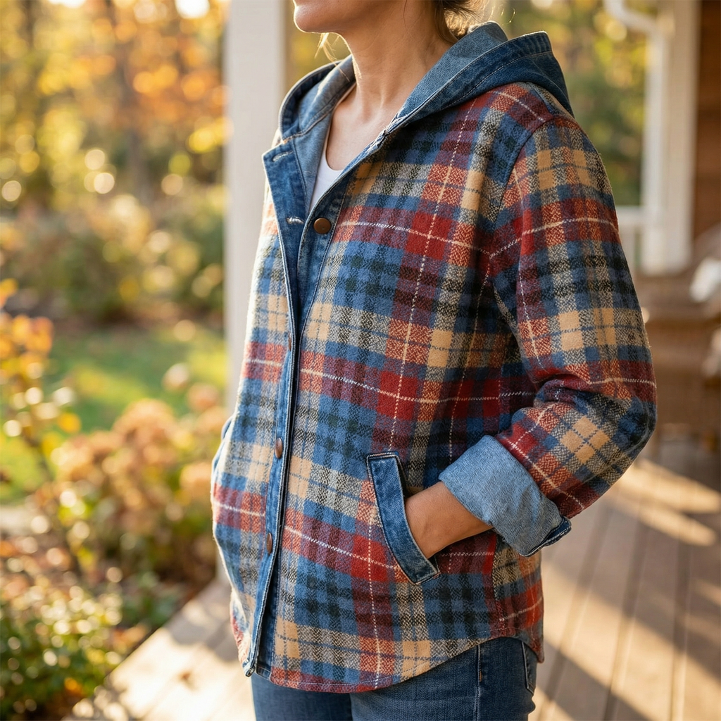 Women’s Contrast Denim Plaid Hooded Jacket - Susan & Anne