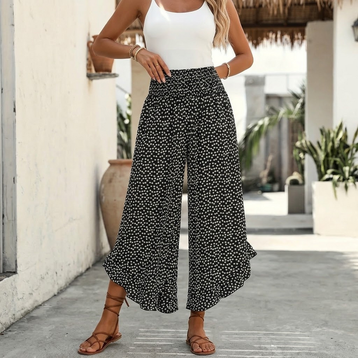 Velura - Smocked Wide-Leg Ruffle Pants