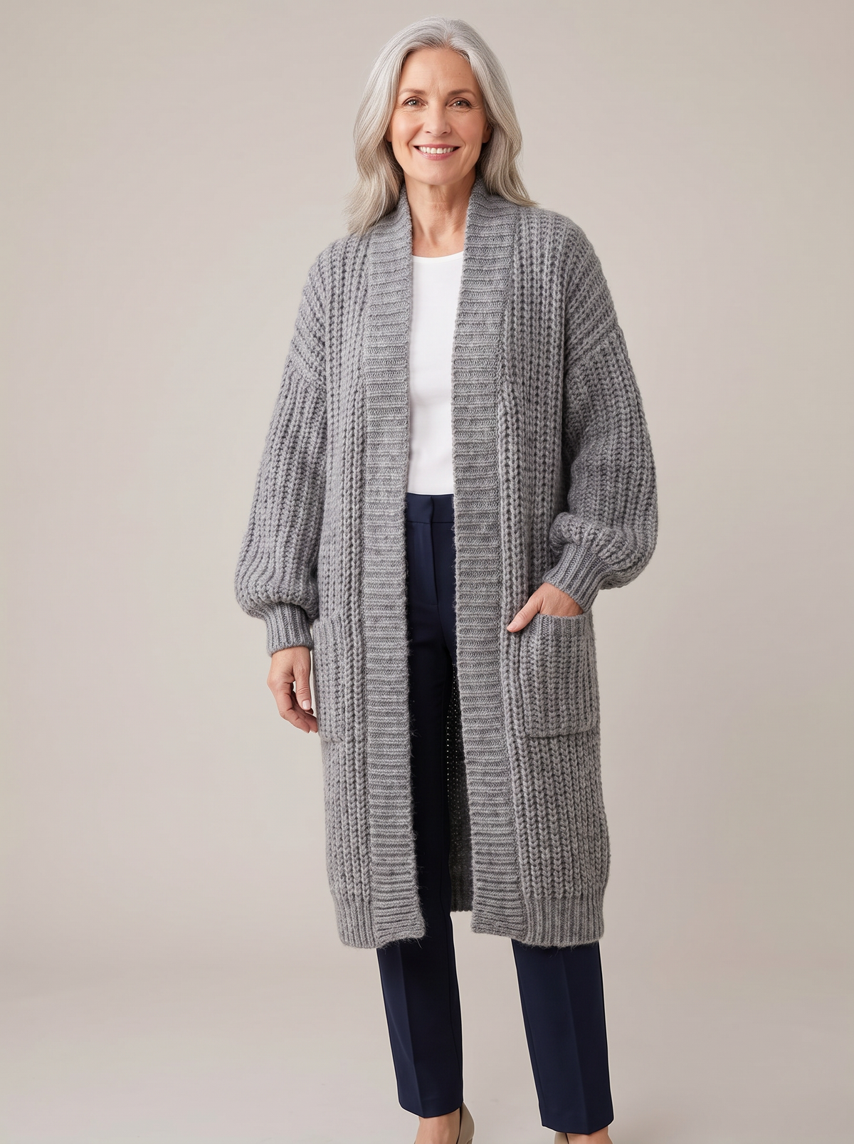 Woman wearing the rosalienne soft-touch longline cardigan