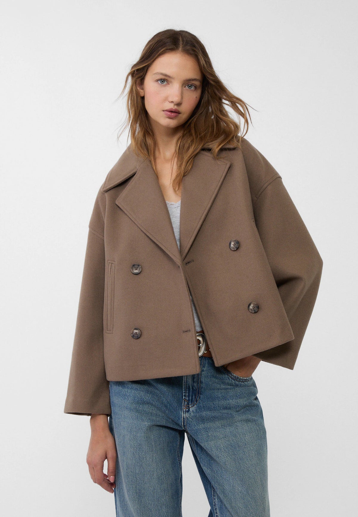 Elegant Wool Peacoat Jacket for Women with Notch Lapel Long Sleeve Double Breasted Cropped Oversized Style - Susan & Anne