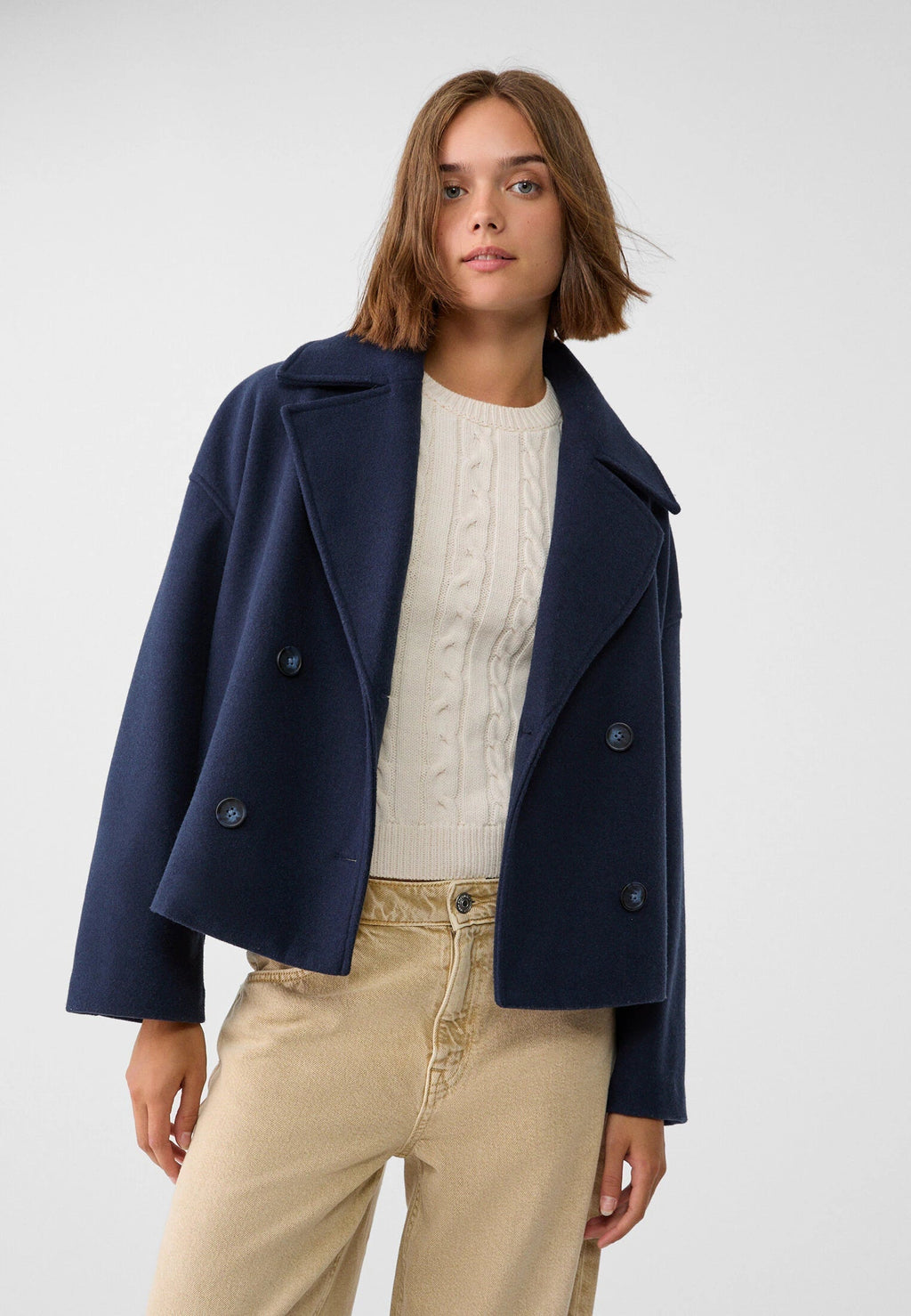 Elegant Wool Peacoat Jacket for Women with Notch Lapel Long Sleeve Double Breasted Cropped Oversized Style - Susan & Anne