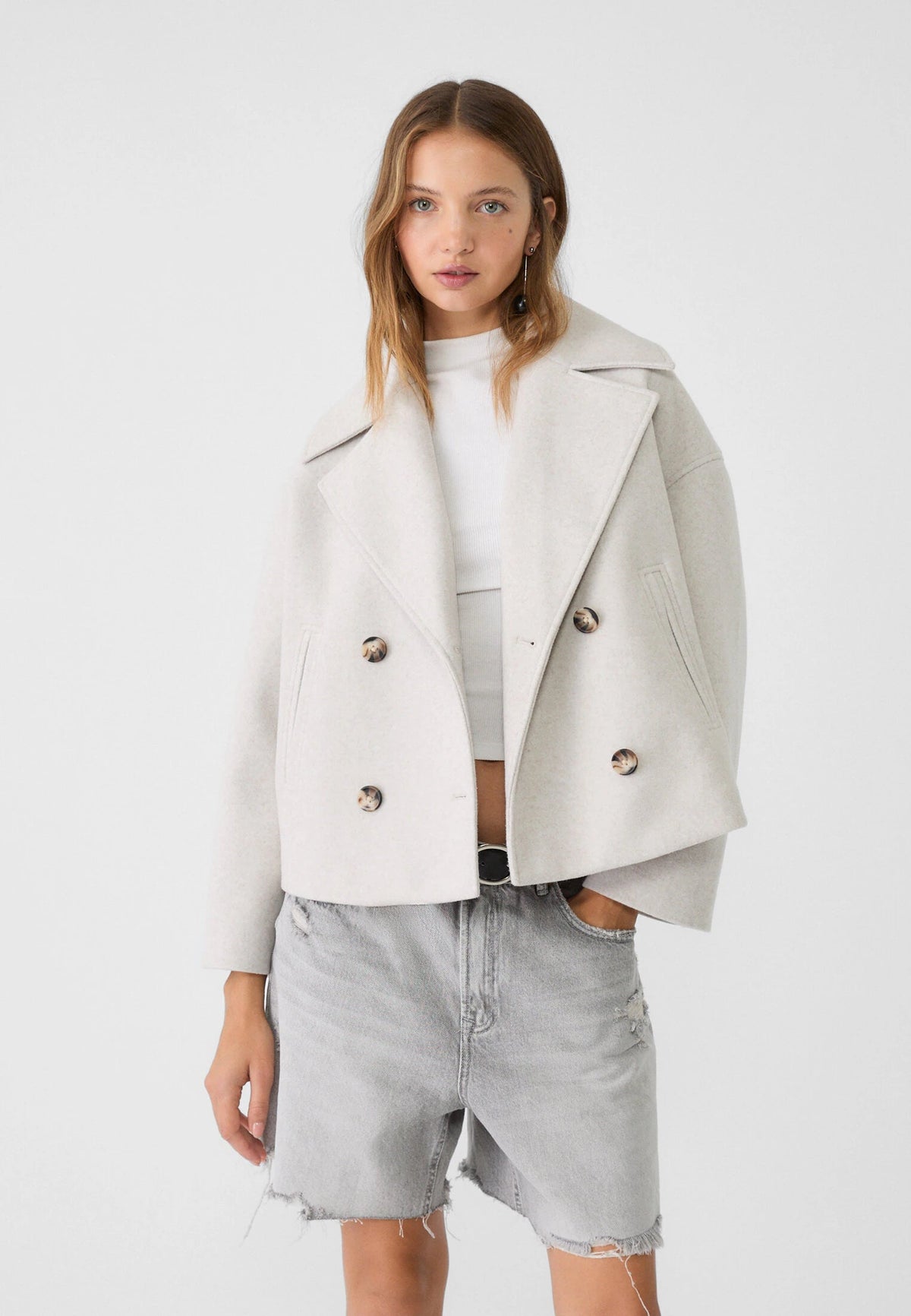 Elegant Wool Peacoat Jacket for Women with Notch Lapel Long Sleeve Double Breasted Cropped Oversized Style - Susan & Anne