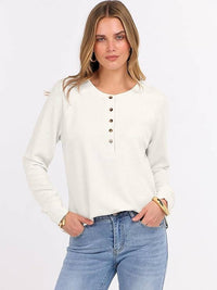 Detail of the zadie waffle knit henley top