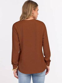 Detail of the zadie waffle knit henley top