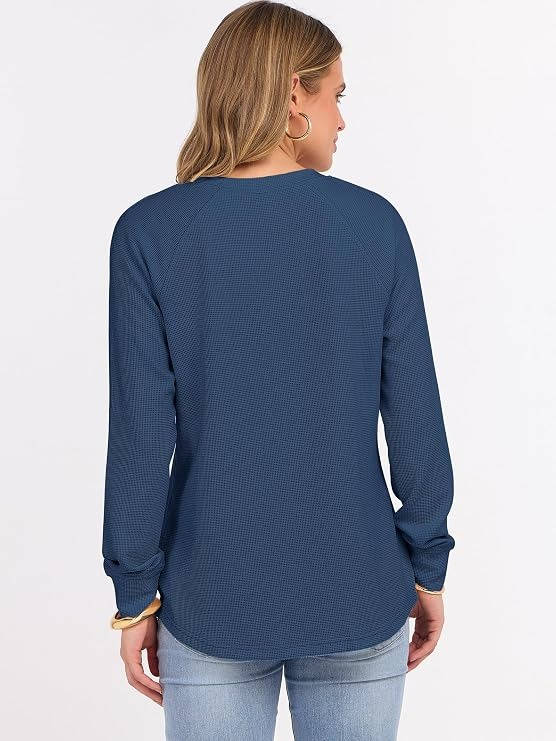Back view of the zadie waffle knit henley top