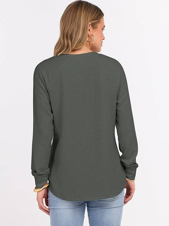Back view of the zadie waffle knit henley top