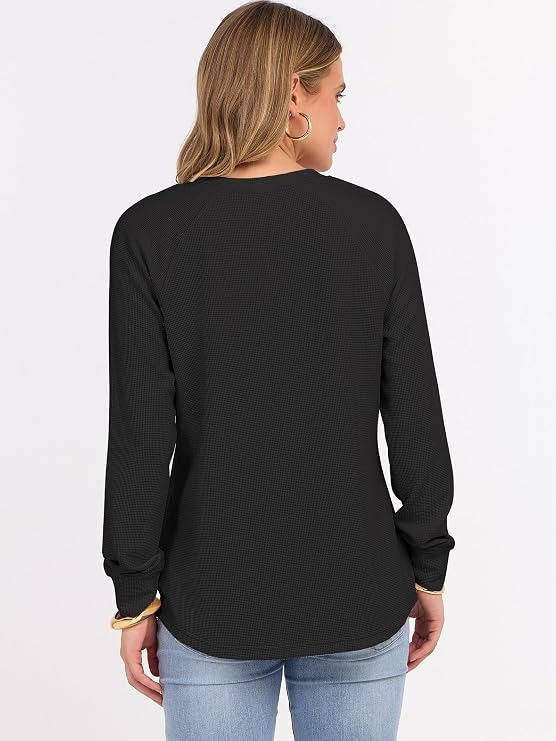 Woman wearing the zadie waffle knit henley top