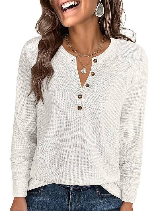 Woman wearing the zadie waffle knit henley top