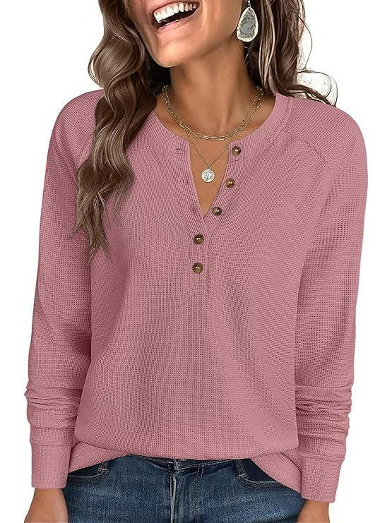 Front view of the zadie waffle knit henley top