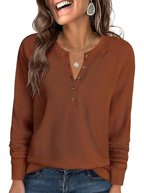 Front view of the zadie waffle knit henley top