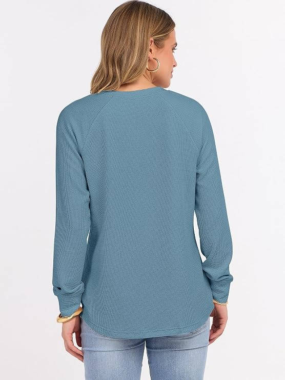Woman wearing the zadie waffle knit henley top