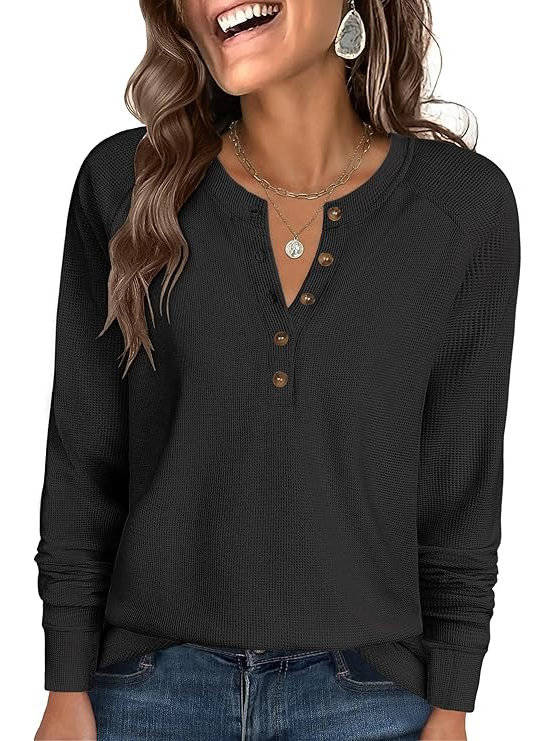 Close-up of the zadie waffle knit henley top