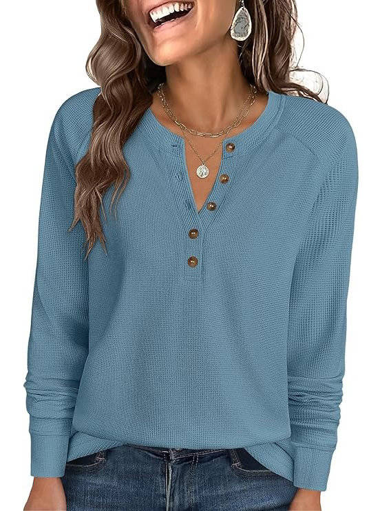 Close-up of the zadie waffle knit henley top