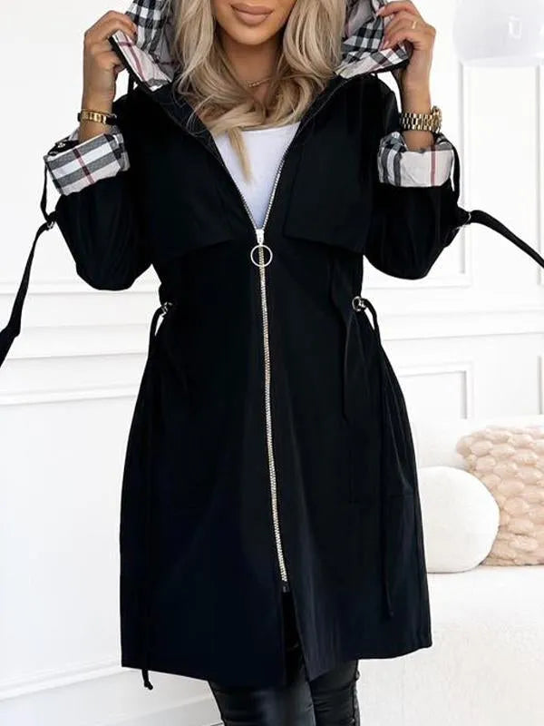 Hooded Drawstring Long Coat with Plaid Lining – Susan & Anne