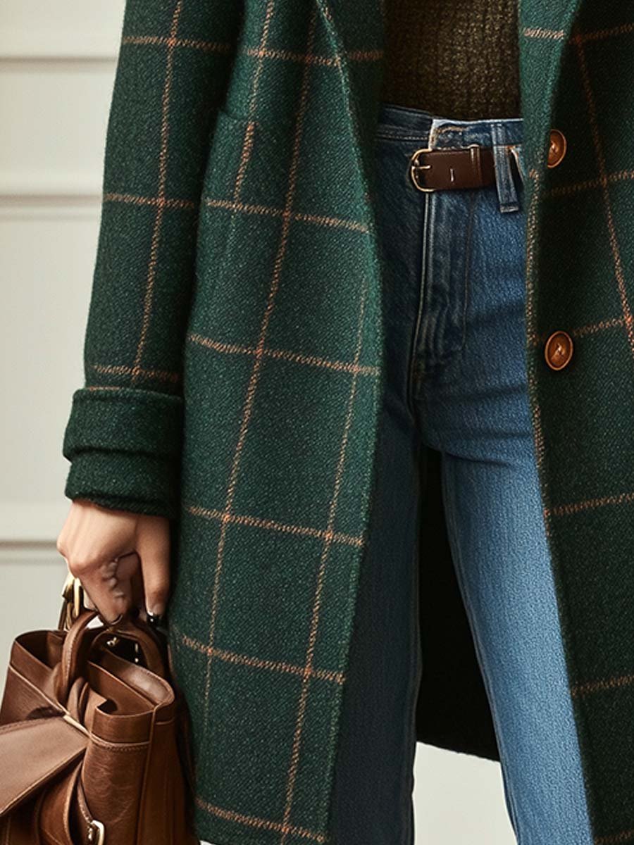Front view of the dominique retro plaid tweed coat