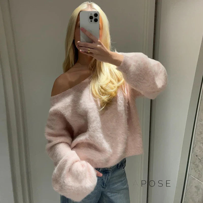 Detail of the selene off-shoulder knit sweater