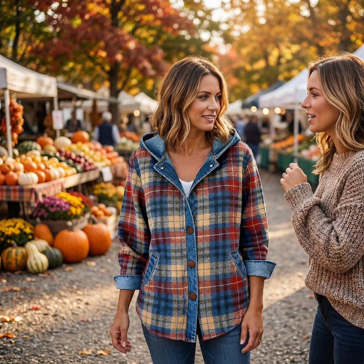 Women’s Contrast Denim Plaid Hooded Jacket - Susan & Anne