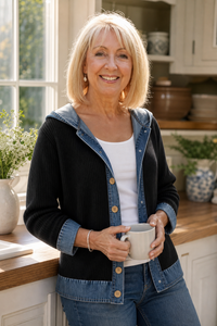 Denim-Look Patchwork Hooded Cardigan - Susan & Anne