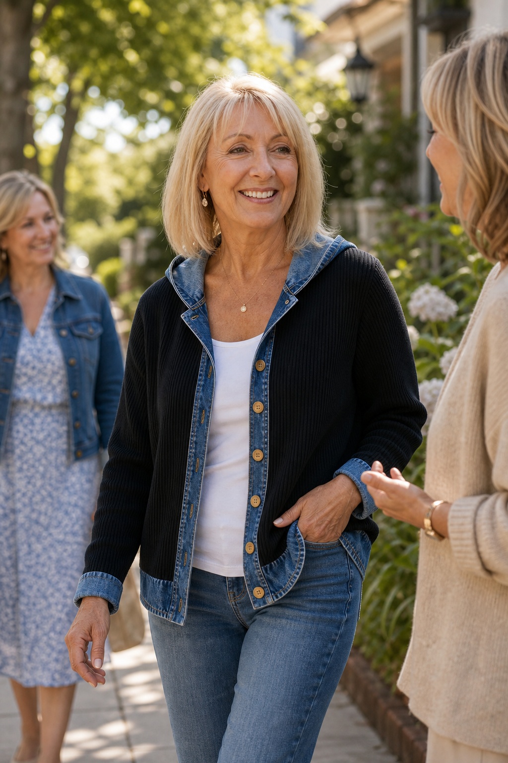 Denim-Look Patchwork Hooded Cardigan - Susan & Anne