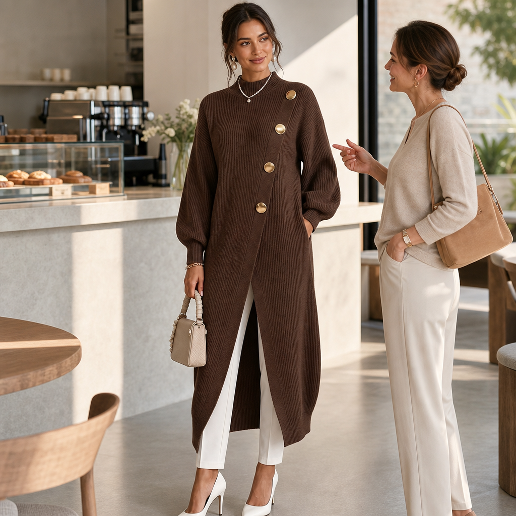 Gold-Button Long Ribbed Knit Tunic – Susan & Anne