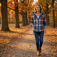 Women’s Contrast Denim Plaid Hooded Jacket - Susan & Anne