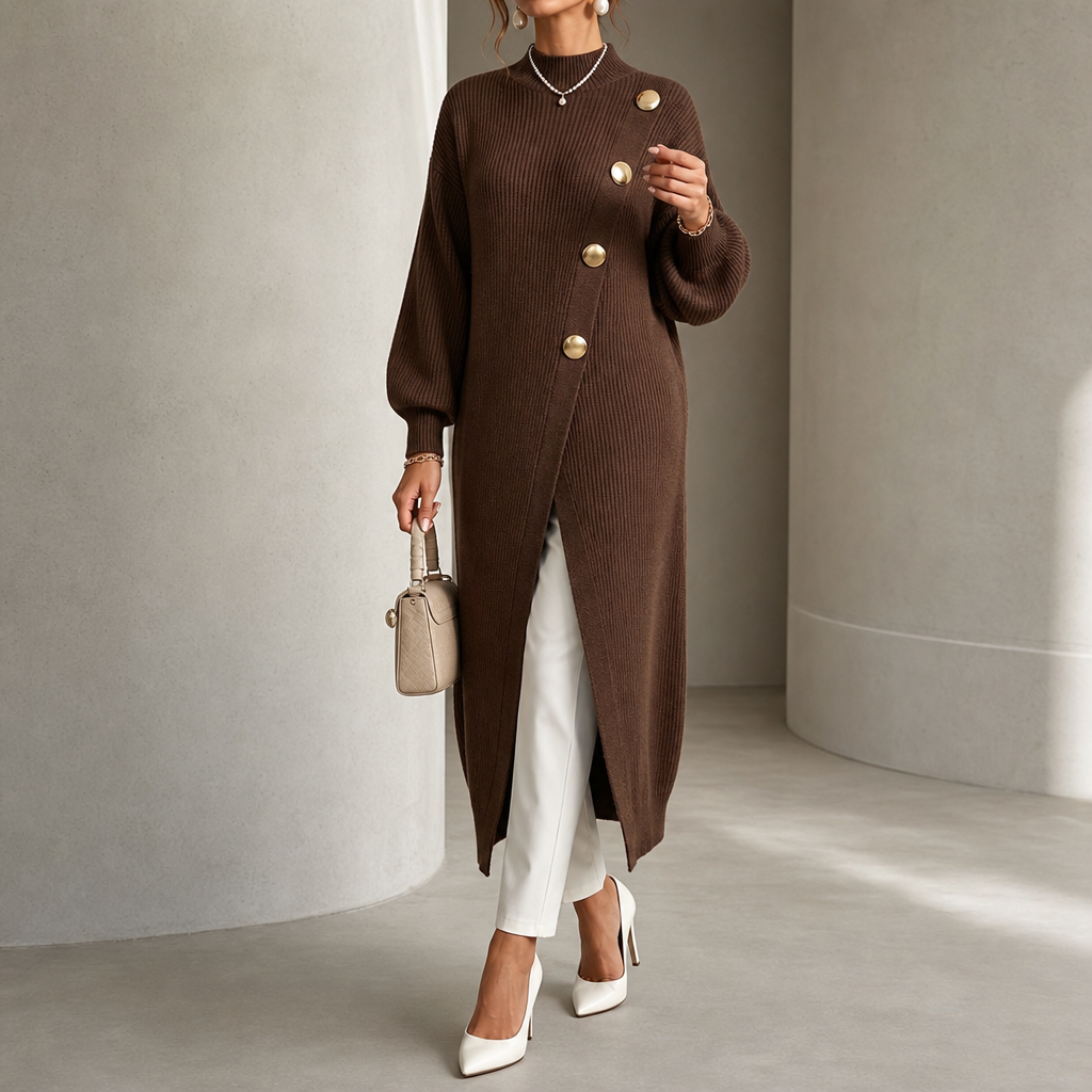 Gold-Button Long Ribbed Knit Tunic – Susan & Anne