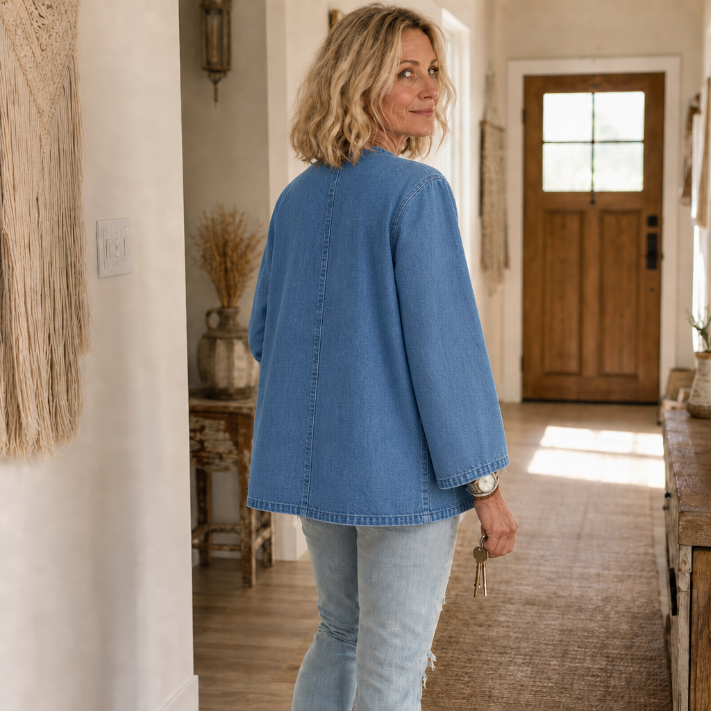 Collarless Soft-Denim-Look Button-Down Cardigan - Susan & Anne