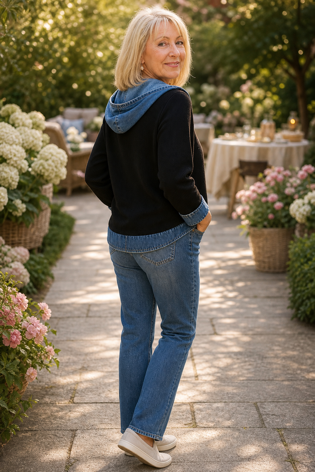 Denim-Look Patchwork Hooded Cardigan - Susan & Anne