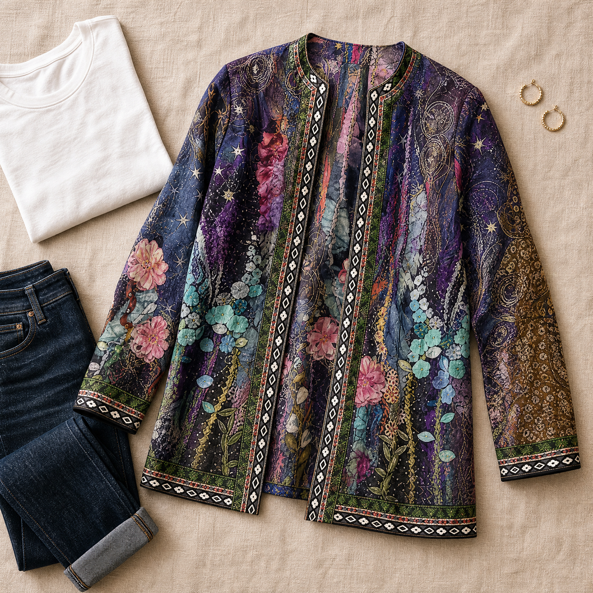 Art-Print Open Jacket for Effortless Style - Susan & Anne