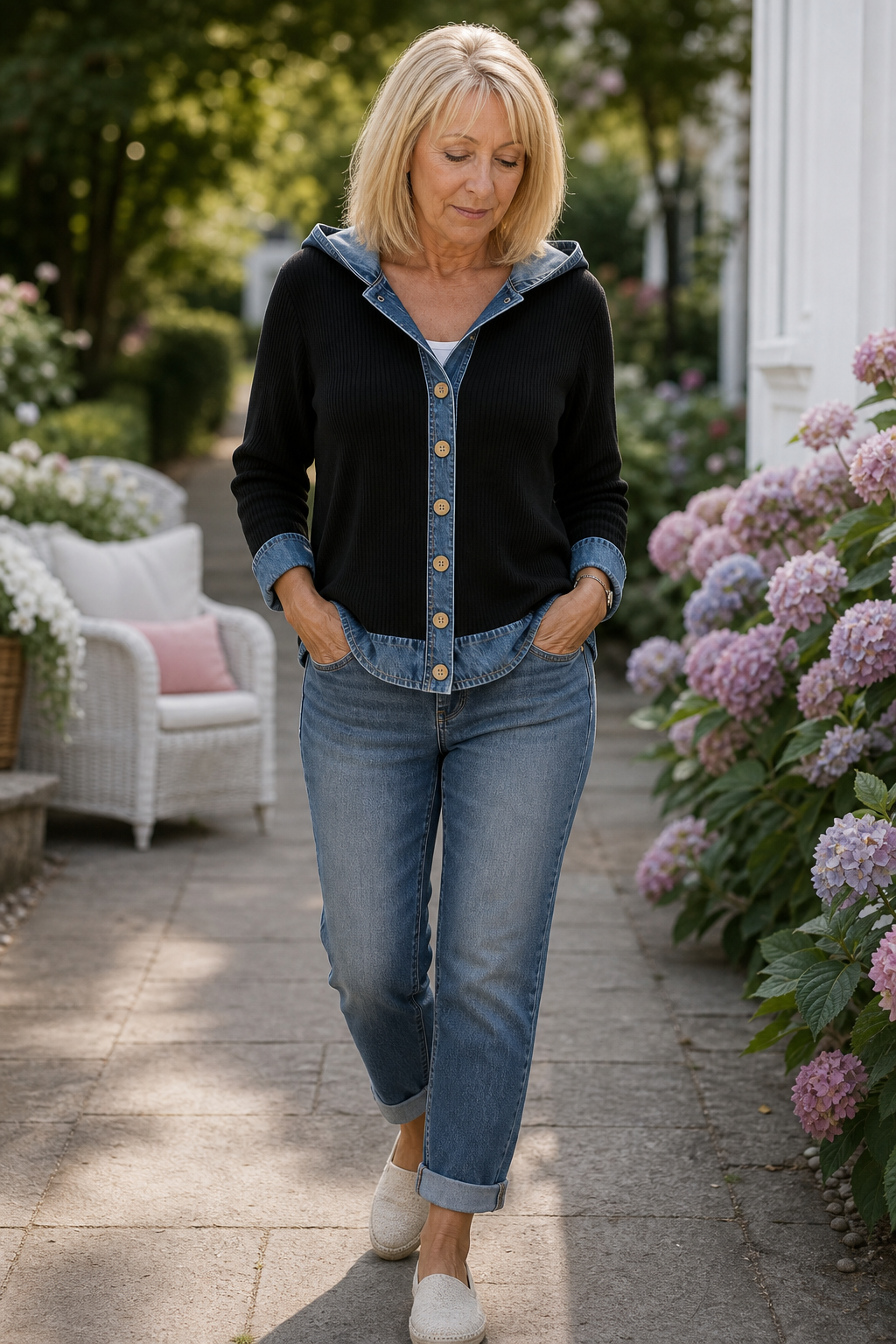 Denim-Look Patchwork Hooded Cardigan - Susan & Anne