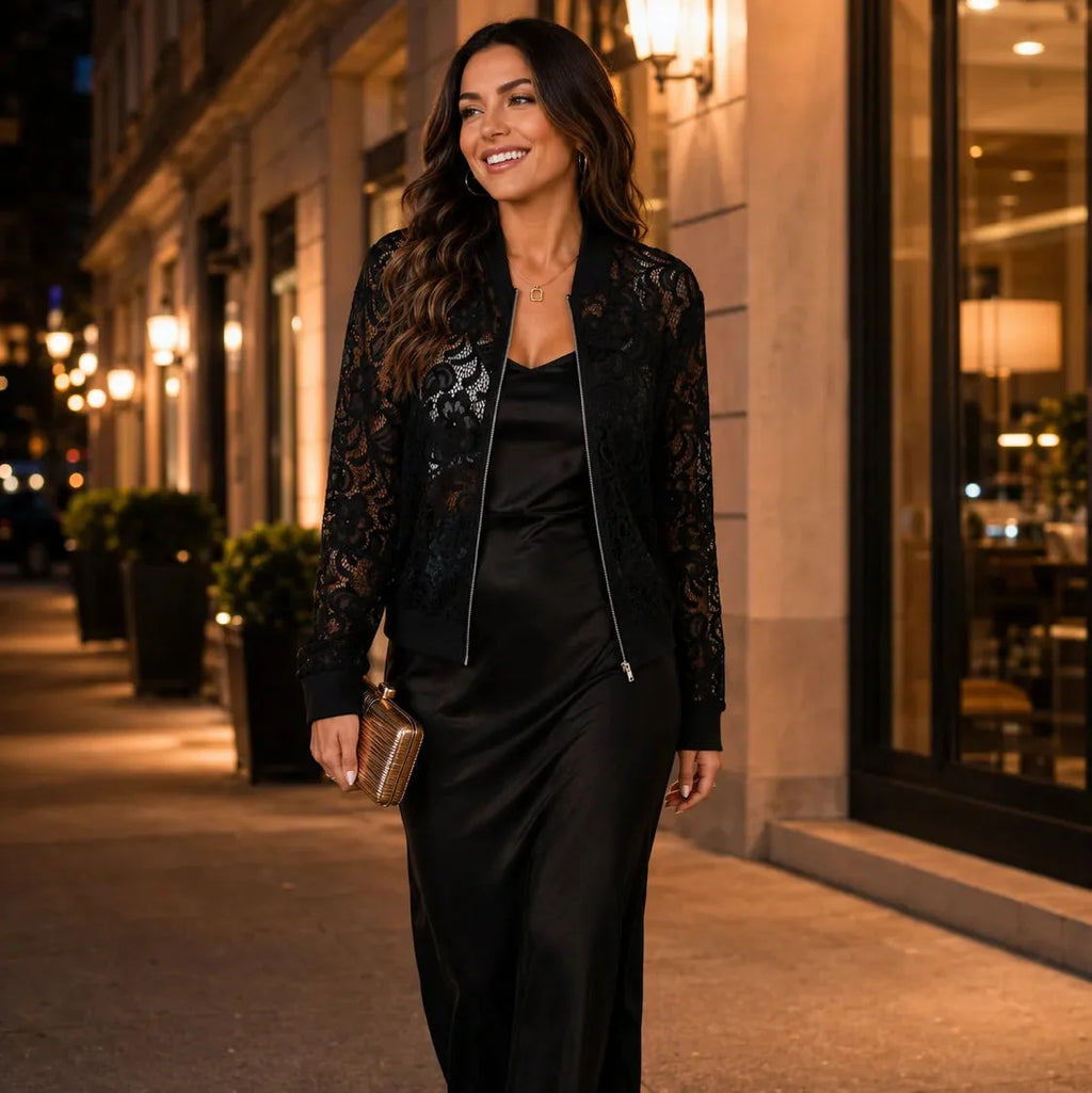 Floral Lace Zip Up Bomber Jacket for Women - Susan & Anne