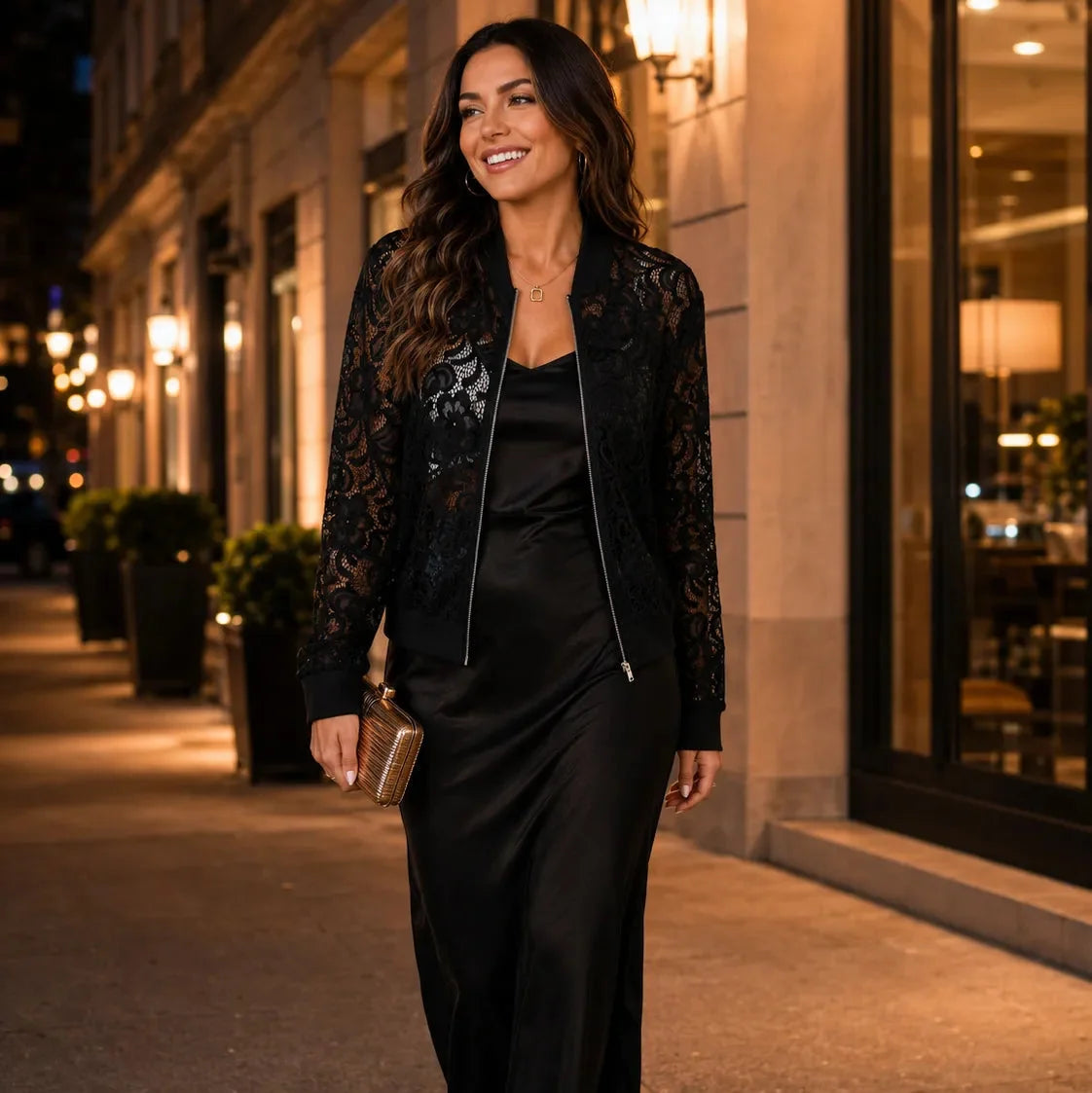 Floral Lace Zip Up Bomber Jacket for Women - Susan & Anne