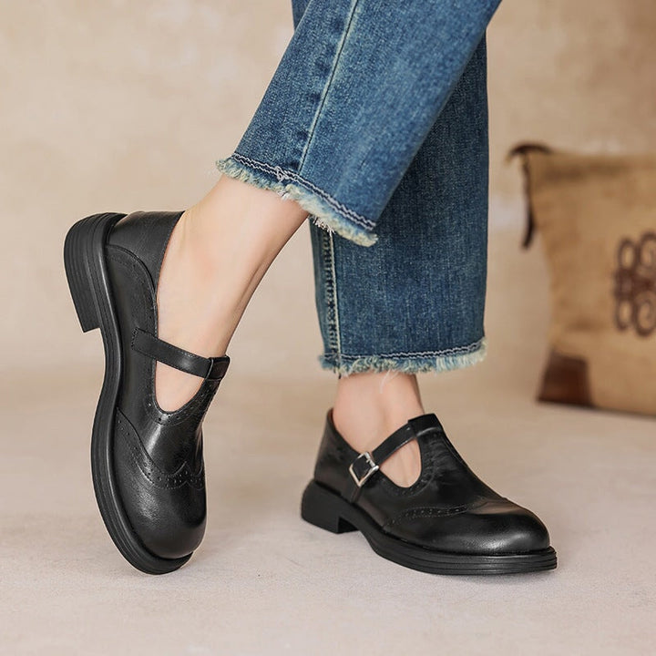Rosie - Leather T-Strap Mary Jane Shoes Brogue Block Heel