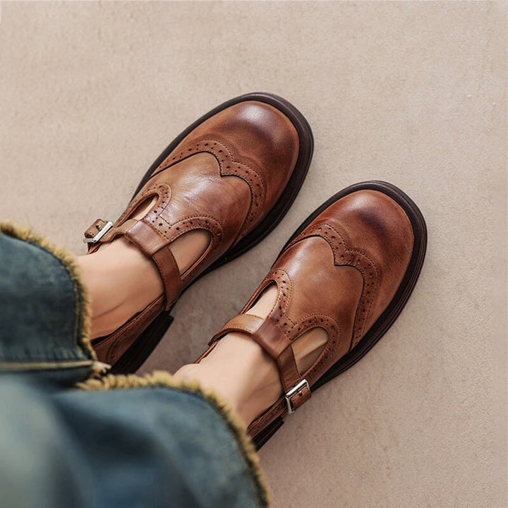 Rosie - Leather T-Strap Mary Jane Shoes Brogue Block Heel