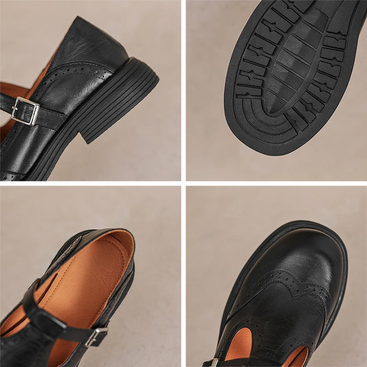 Rosie - Leather T-Strap Mary Jane Shoes Brogue Block Heel