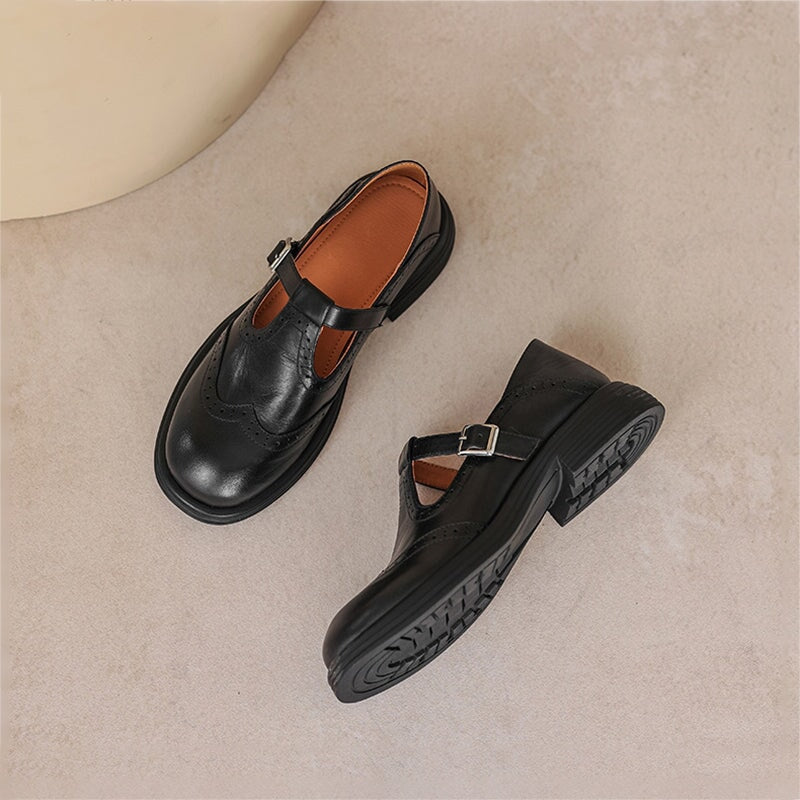 Rosie - Leather T-Strap Mary Jane Shoes Brogue Block Heel