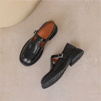 Leather T-Strap Mary Jane Shoes Brogue Block Heel