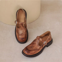 Leather T-Strap Mary Jane Shoes Brogue Block Heel