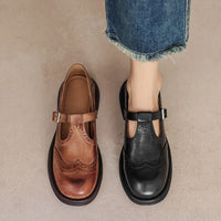 Leather T-Strap Mary Jane Shoes Brogue Block Heel