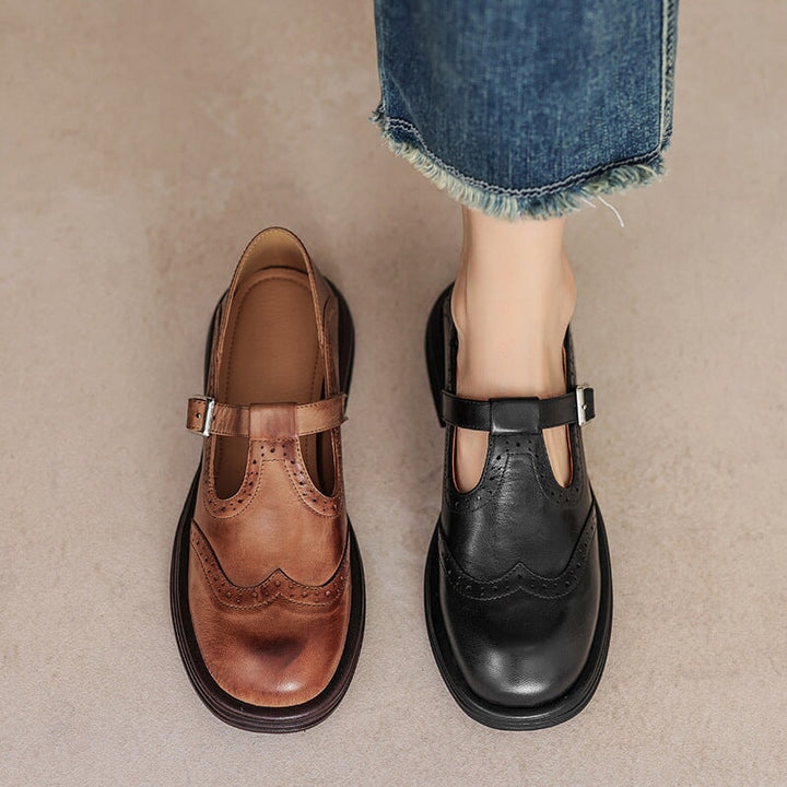 Rosie - Leather T-Strap Mary Jane Shoes Brogue Block Heel