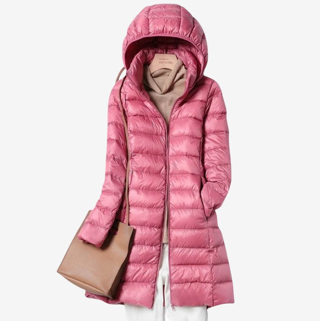 Detail of the claudette hooded longline puffer coat