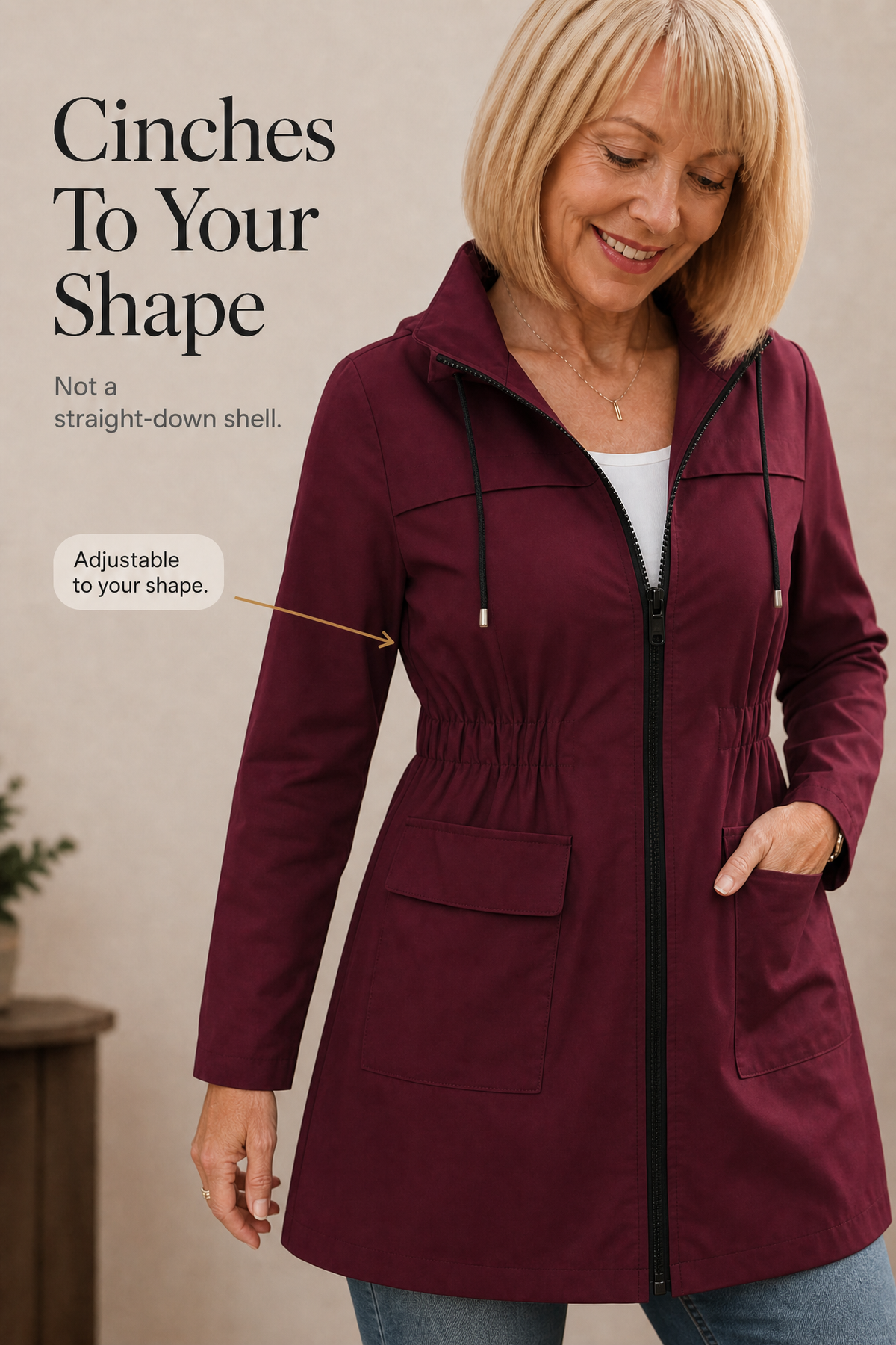 Drawstring Waist Hooded Rain Jacket - Susan & Anne
