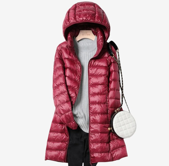 Back view of the claudette hooded longline puffer coat