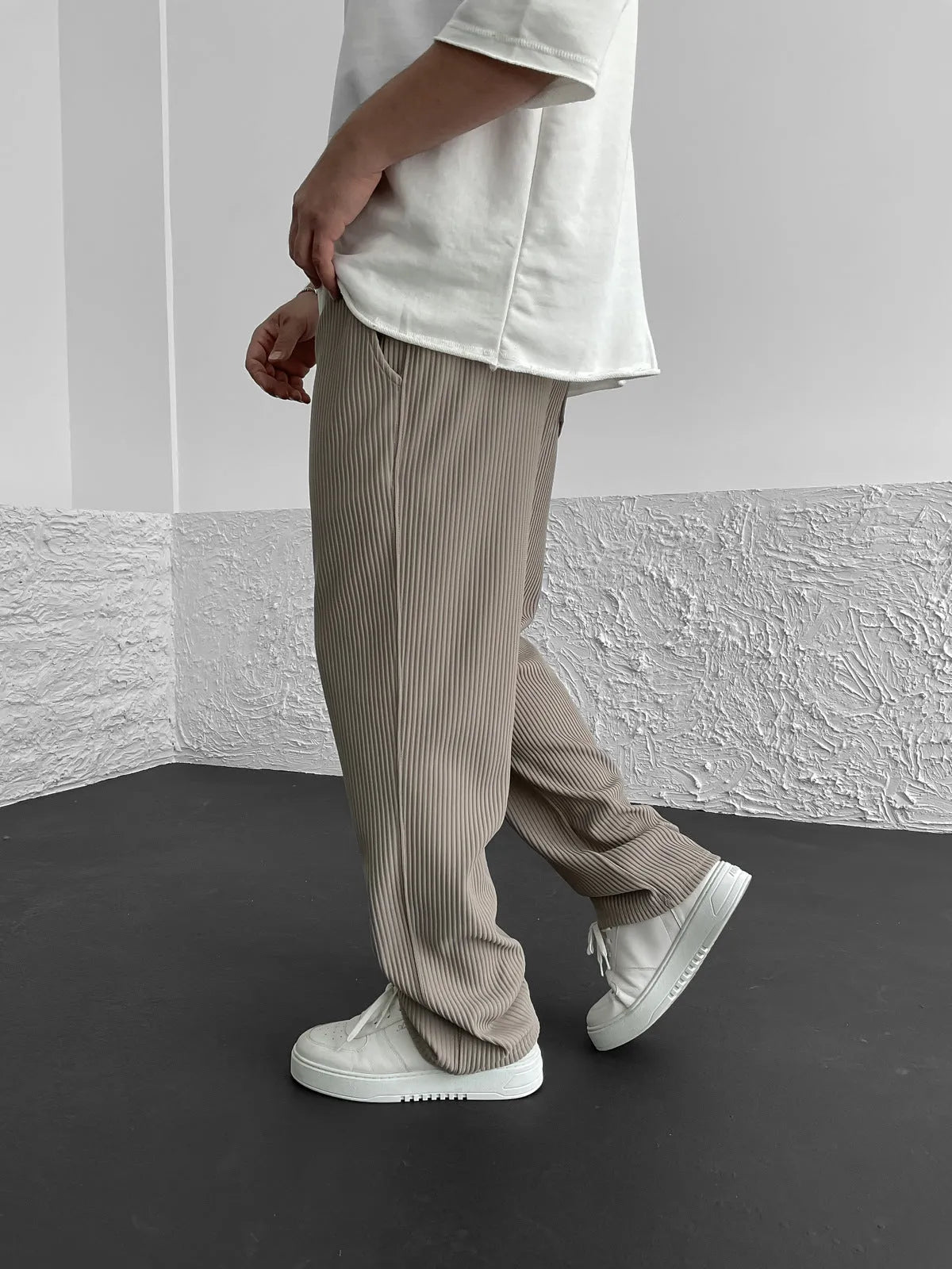 Front view of the relaxed heavyweight knit wide-leg pants | baggy stretch-waist fit