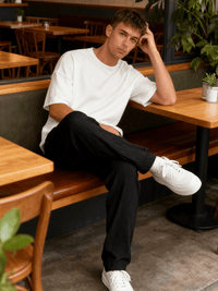 Styled look with the relaxed heavyweight knit wide-leg pants | baggy stretch-waist fit