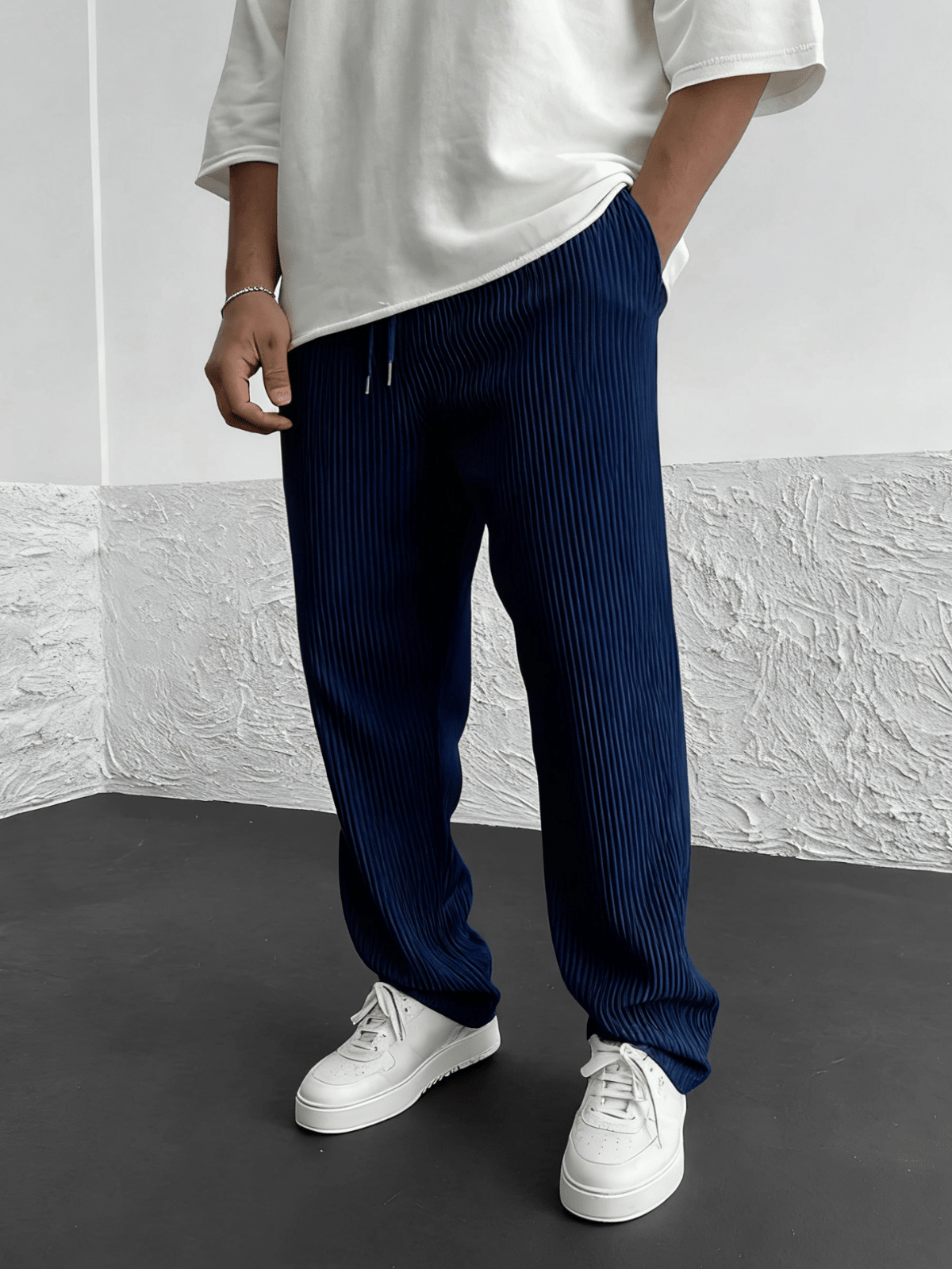 Front view of the relaxed heavyweight knit wide-leg pants | baggy stretch-waist fit