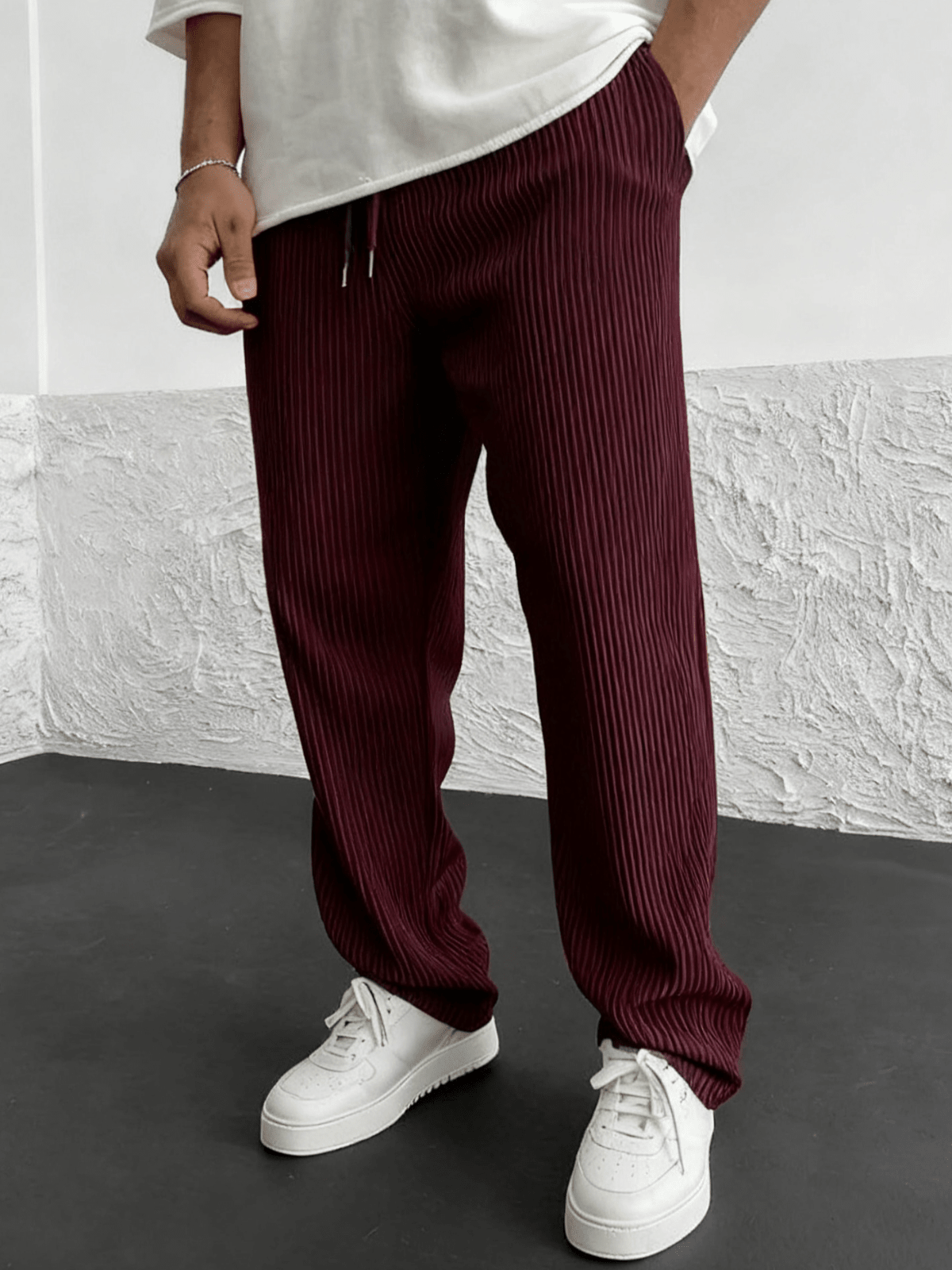 Close-up texture of the relaxed heavyweight knit wide-leg pants | baggy stretch-waist fit