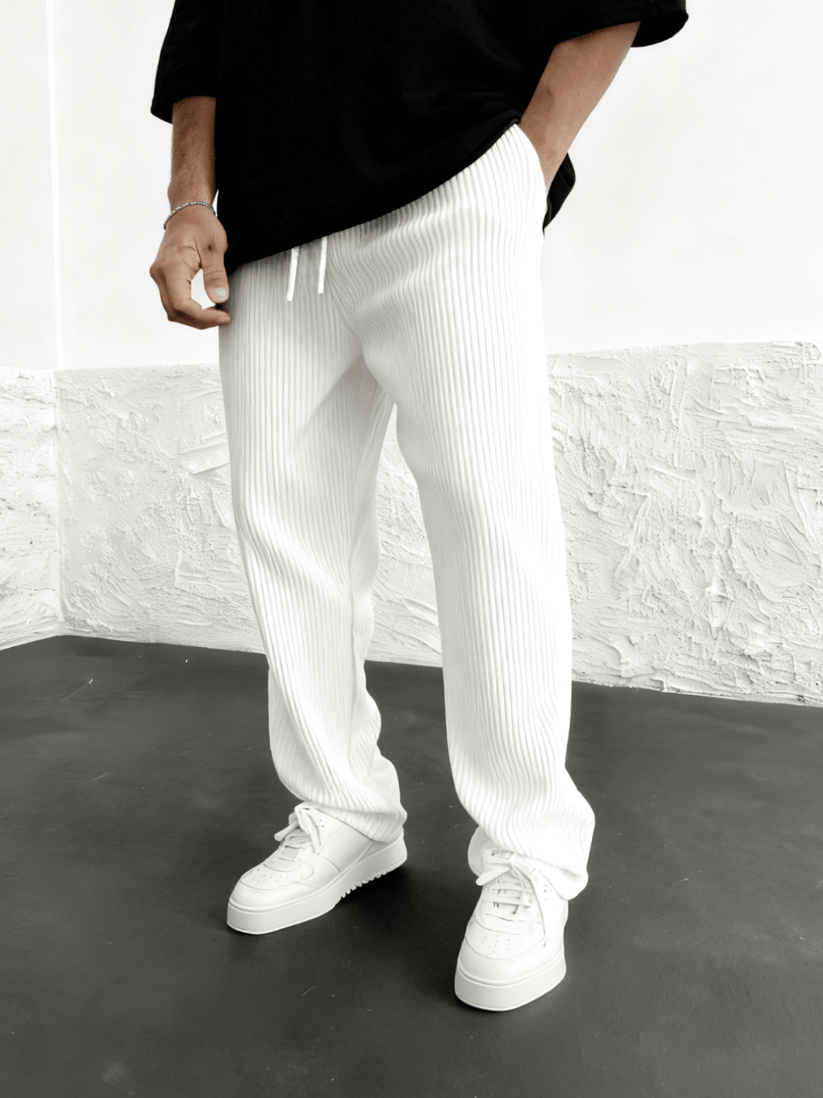 Styled look with the relaxed heavyweight knit wide-leg pants | baggy stretch-waist fit