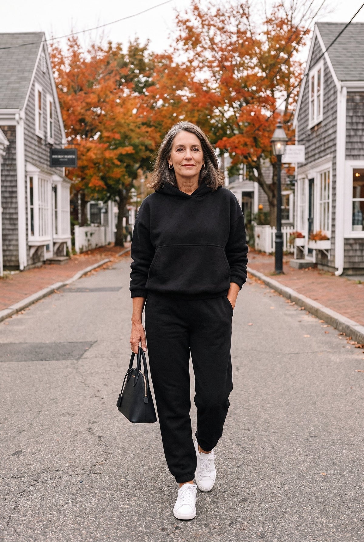 Black fleece hoodie and jogger set styled on Cape Cod for women 50+ – Susan & Anne